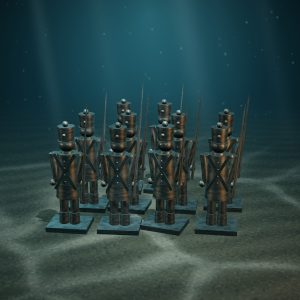 Unpainted Pewter Sentries — Set of 10 — photographed on the sea floor