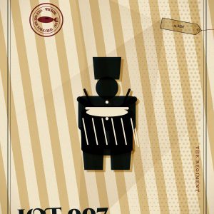 Whaleworx cabinet card for Lot 007, Toy Soldier Drummer Boy, Repainted: a riso-style print illustration of the object with the Whaleworx whale seal.