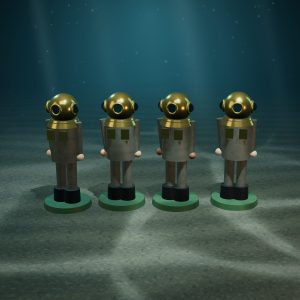 Deep-Sea Diver Figures in Brass Helmets — Set of 4 — photographed on the sea floor
