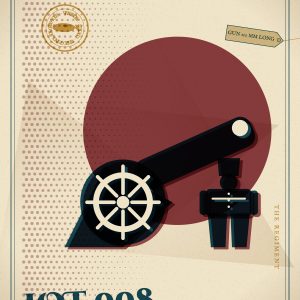 Whaleworx cabinet card for Lot 008, Field Artillery Piece with Two Crew: a riso-style print illustration of the object with the Whaleworx whale seal.