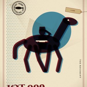 Whaleworx cabinet card for Lot 009, Mounted Bugler, Missing Bugle: a riso-style print illustration of the object with the Whaleworx whale seal.