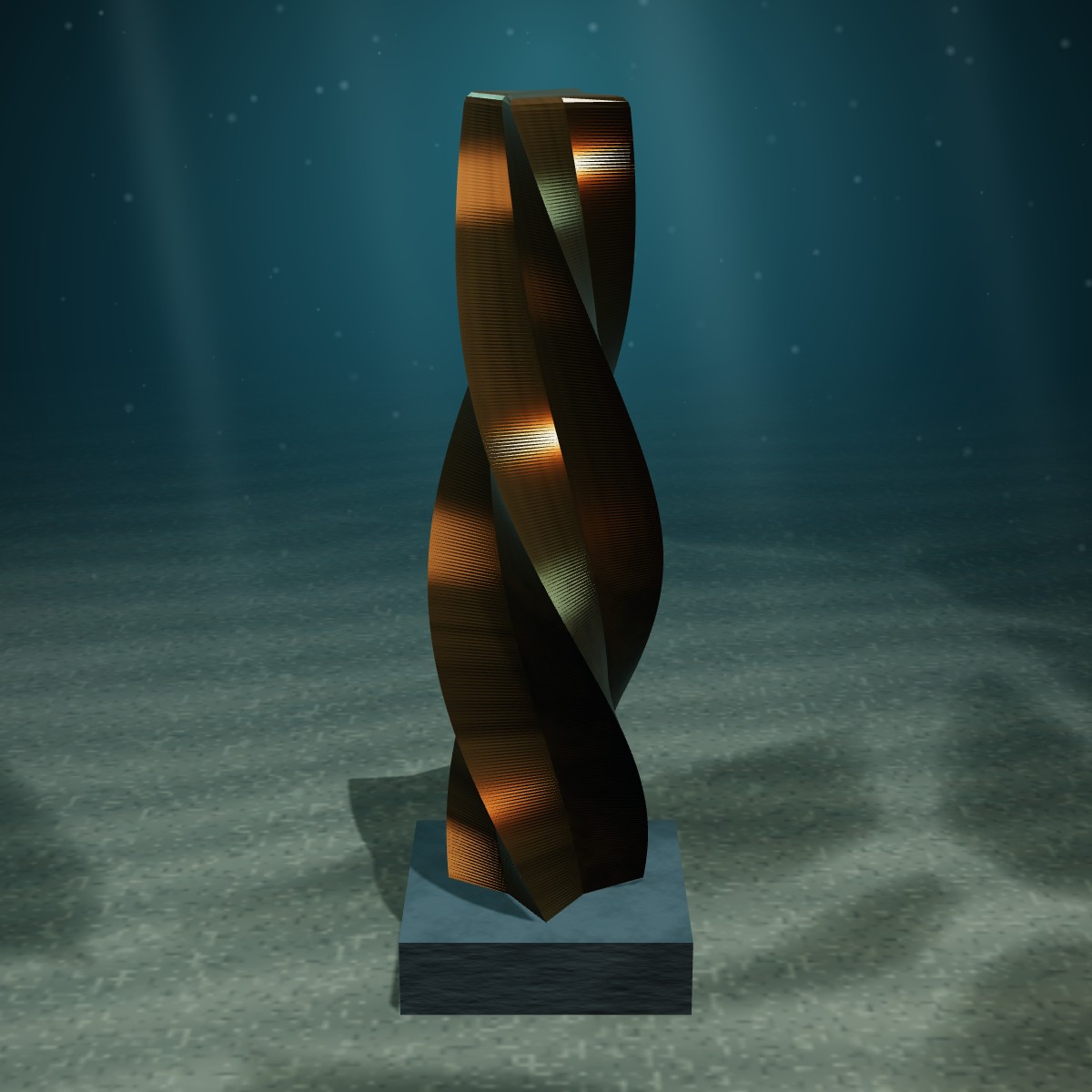 Twisted Column — Patinated Bronze — photographed on the sea floor
