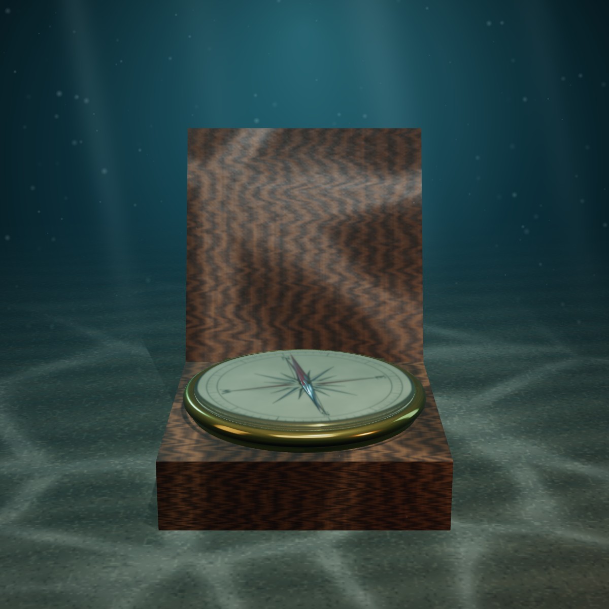Brass Ship’s Compass in a Wooden Box — photographed on the sea floor