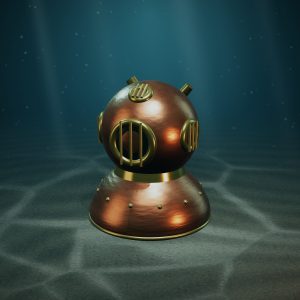 Copper Diving Helmet — Decorative Replica — photographed on the sea floor