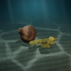 Pirate Coin Hoard — 20 Replica Doubloons in a Pouch — photographed on the sea floor