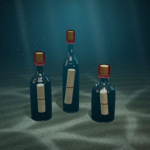 Wax-Sealed Message Bottles — Set of 3 — photographed on the sea floor