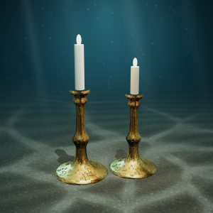 Barnacle-Pitted Brass Candlesticks — Pair — photographed on the sea floor
