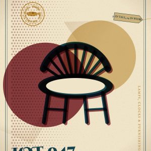 Whaleworx cabinet card for Lot 047, Captain's Chair, Oak, One Honest Repair: a riso-style print illustration of the object with the Whaleworx whale seal.