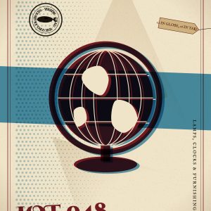 Whaleworx cabinet card for Lot 048, Globe on Brass Stand, Countries Out of Date: a riso-style print illustration of the object with the Whaleworx whale seal.