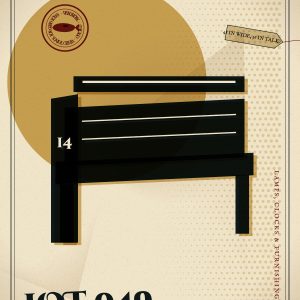 Whaleworx cabinet card for Lot 049, Church Pew Section, 48 in.: a riso-style print illustration of the object with the Whaleworx whale seal.