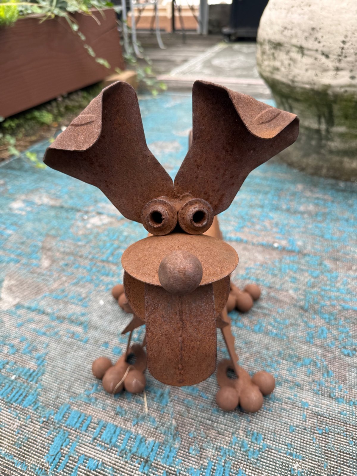Lot 212, welded rusty steel dog sculpture with floppy ears