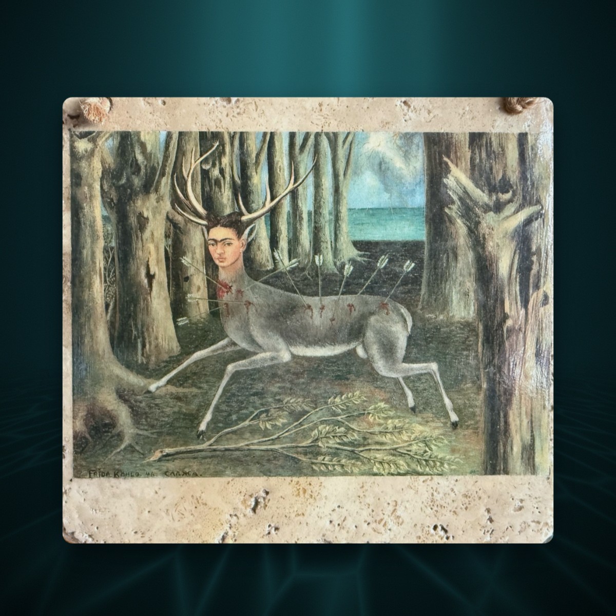 The Little Deer, after Frida Kahlo, on a Travertine Tile