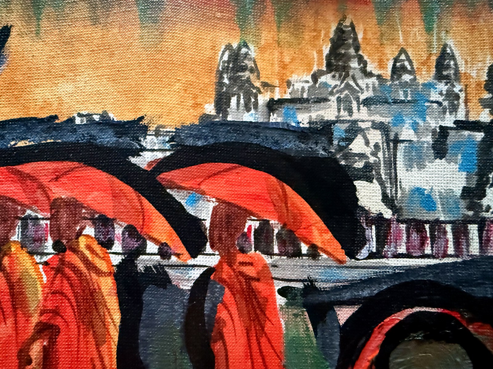 Lot 226 — Monks with Red Umbrellas, Temple at Dusk - Image 4