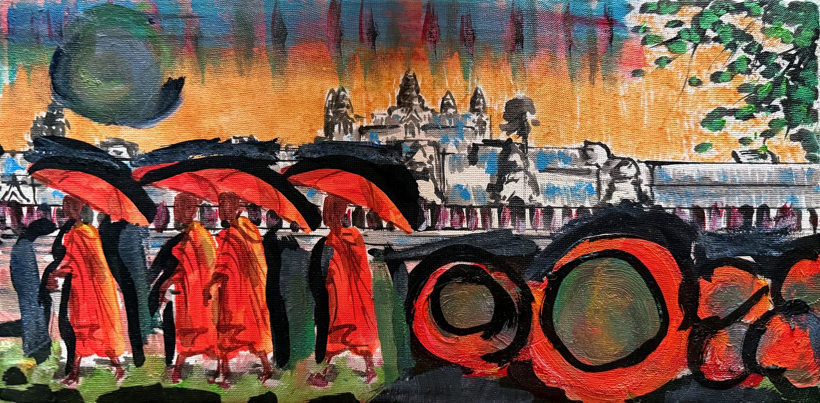 Lot 226 — Monks with Red Umbrellas, Temple at Dusk - Image 2