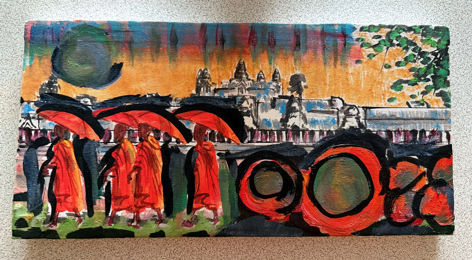 Lot 226 — Monks with Red Umbrellas, Temple at Dusk - Image 3