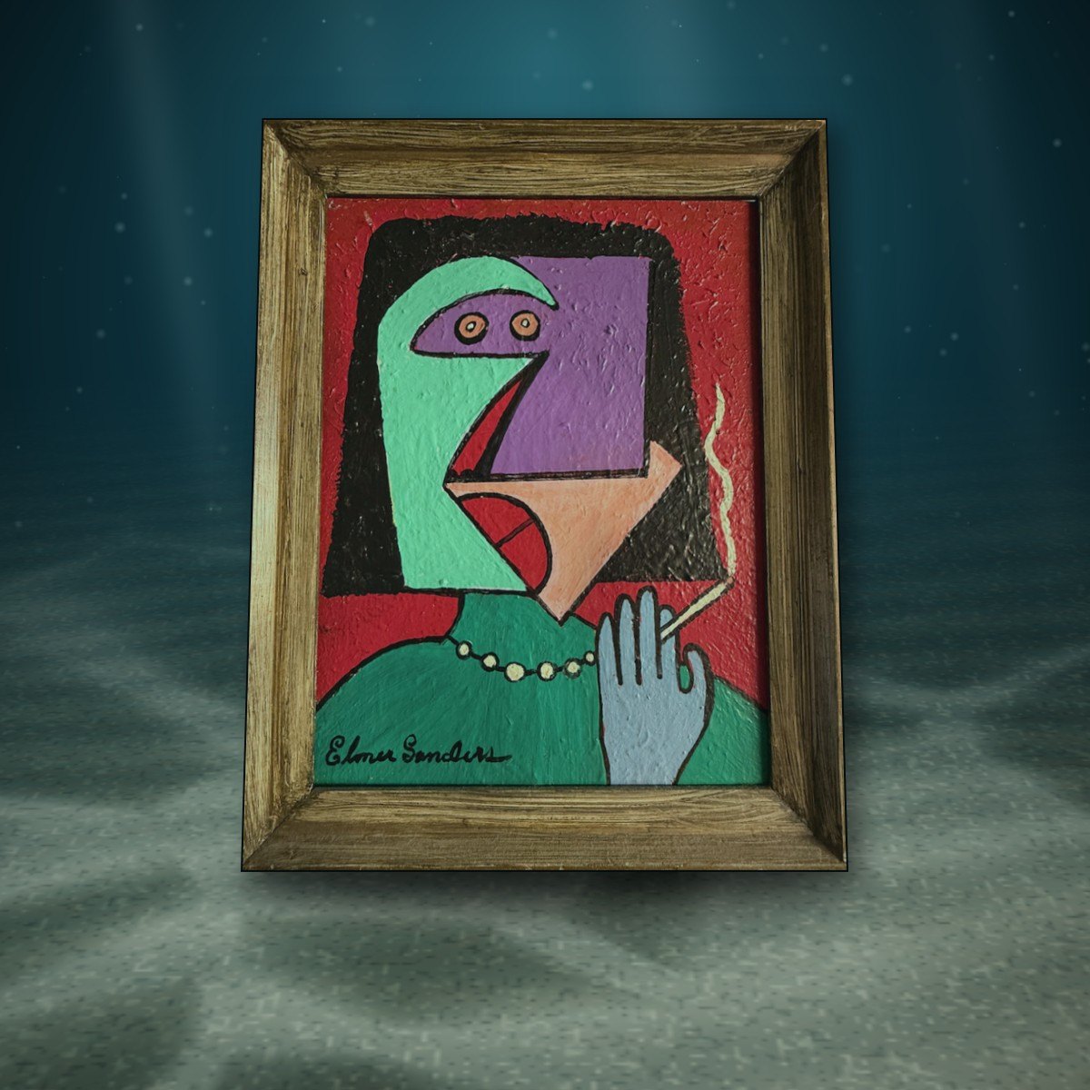 A framed painting of a green woman with pearls staged in the hold