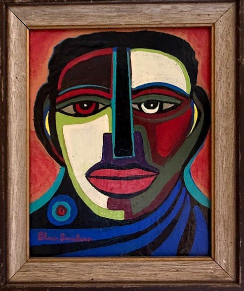Lot 110 — Cubist Face in Red and Blue, Oak Frame - Image 2