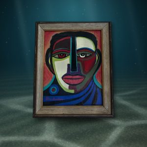 Lot 110 — Cubist Face in Red and Blue, Oak Frame