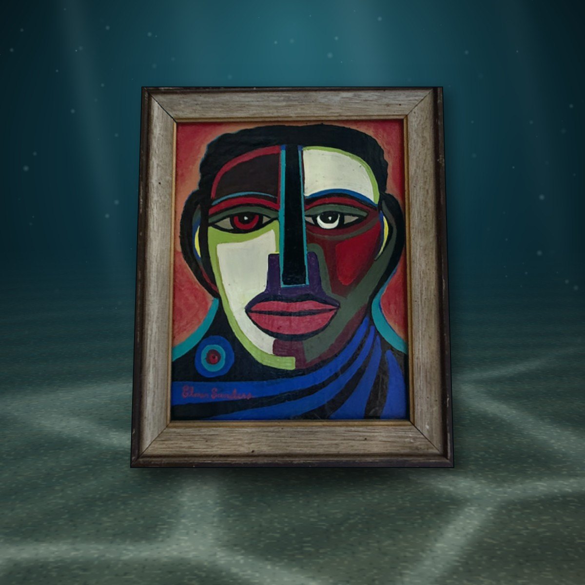 Lot 110 — Cubist Face in Red and Blue, Oak Frame