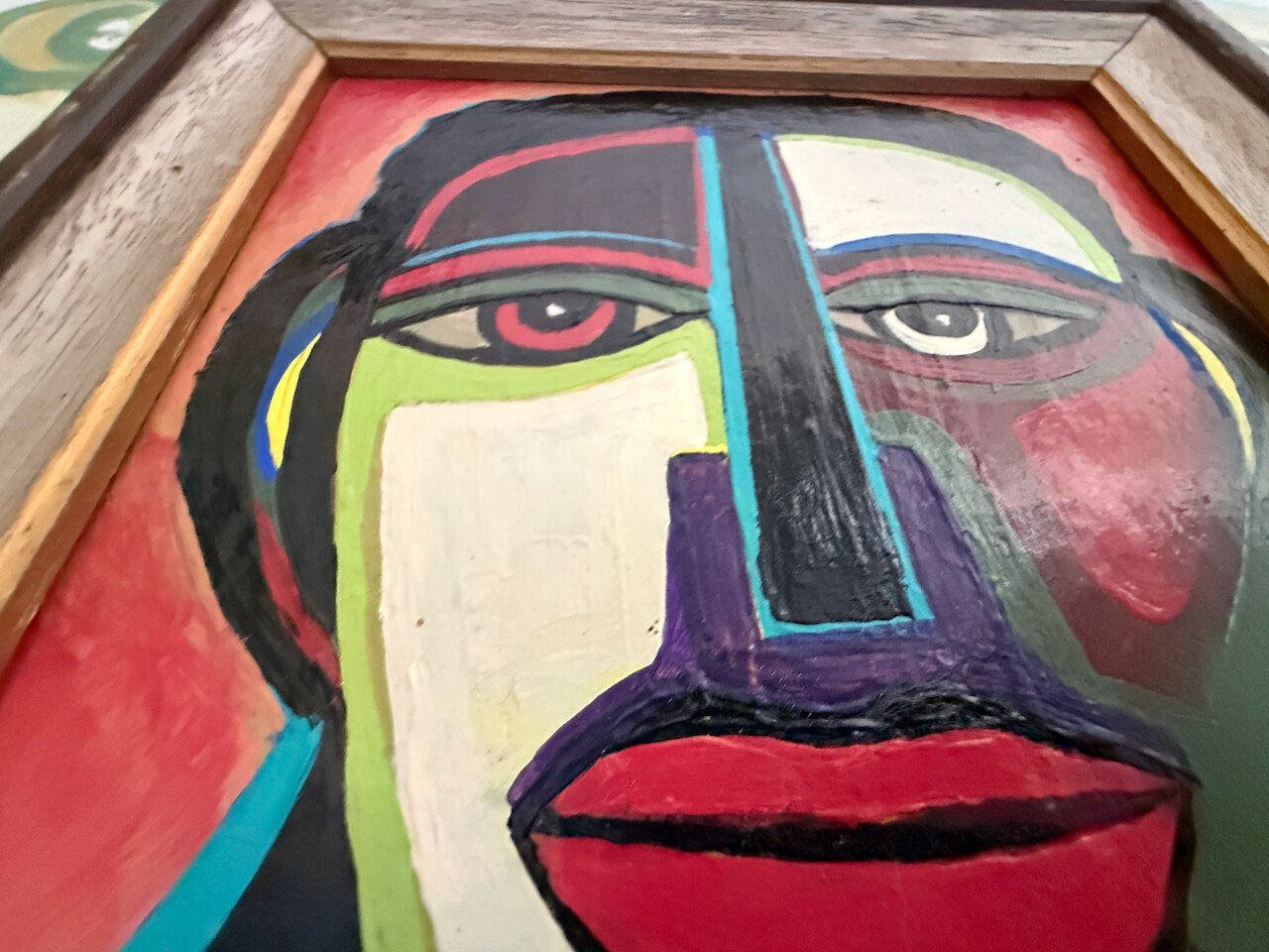 Lot 110 — Cubist Face in Red and Blue, Oak Frame - Image 4