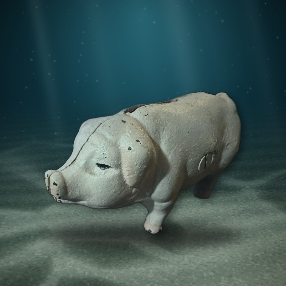 A white pig bank staged in the hold