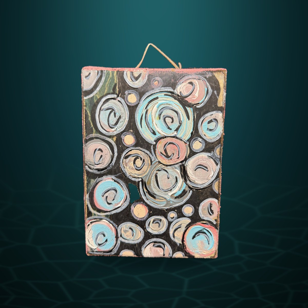 Swirls on Black, Painted Panel with a String Hanger