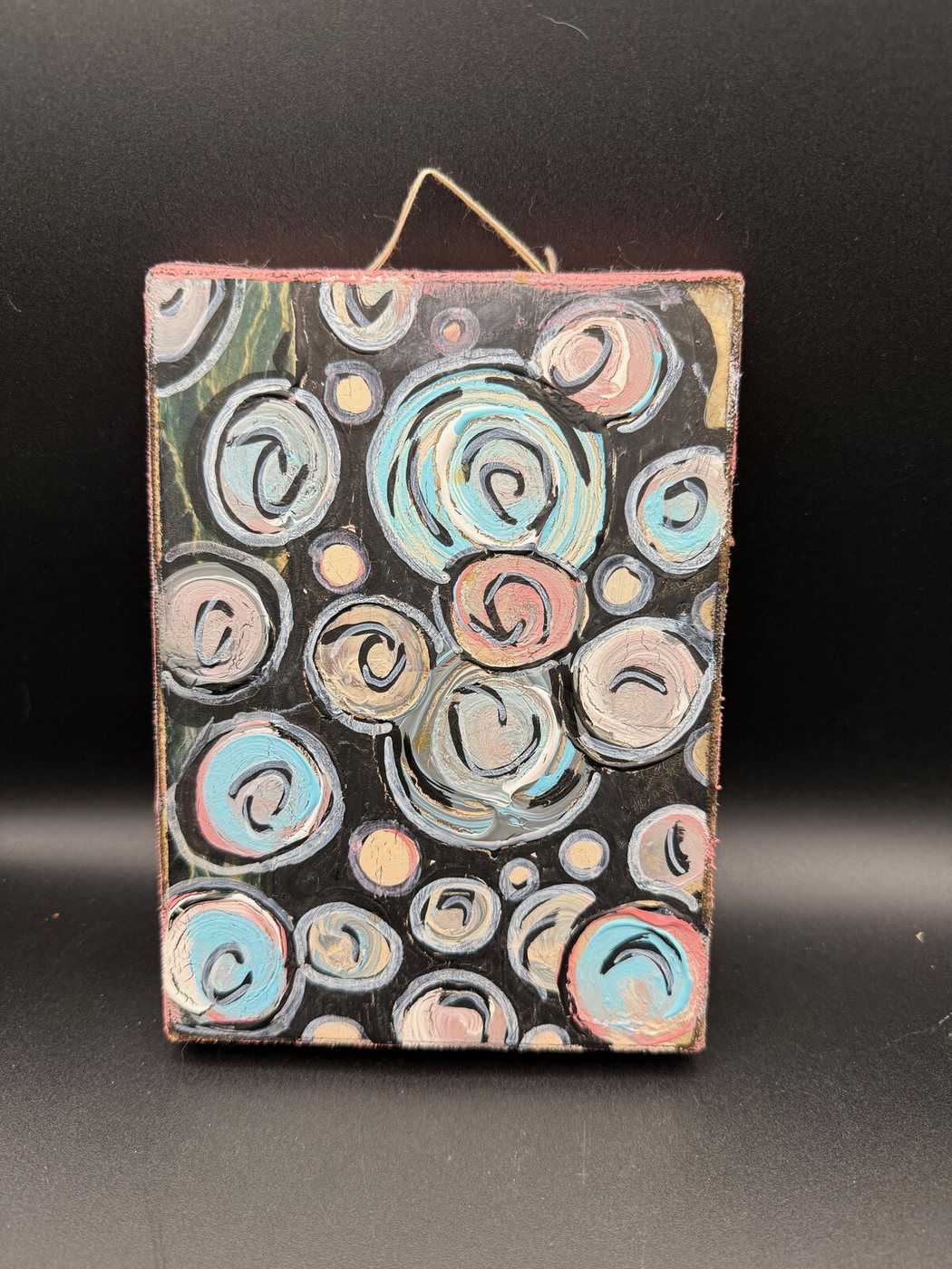 Swirls on Black, Painted Panel with a String Hanger