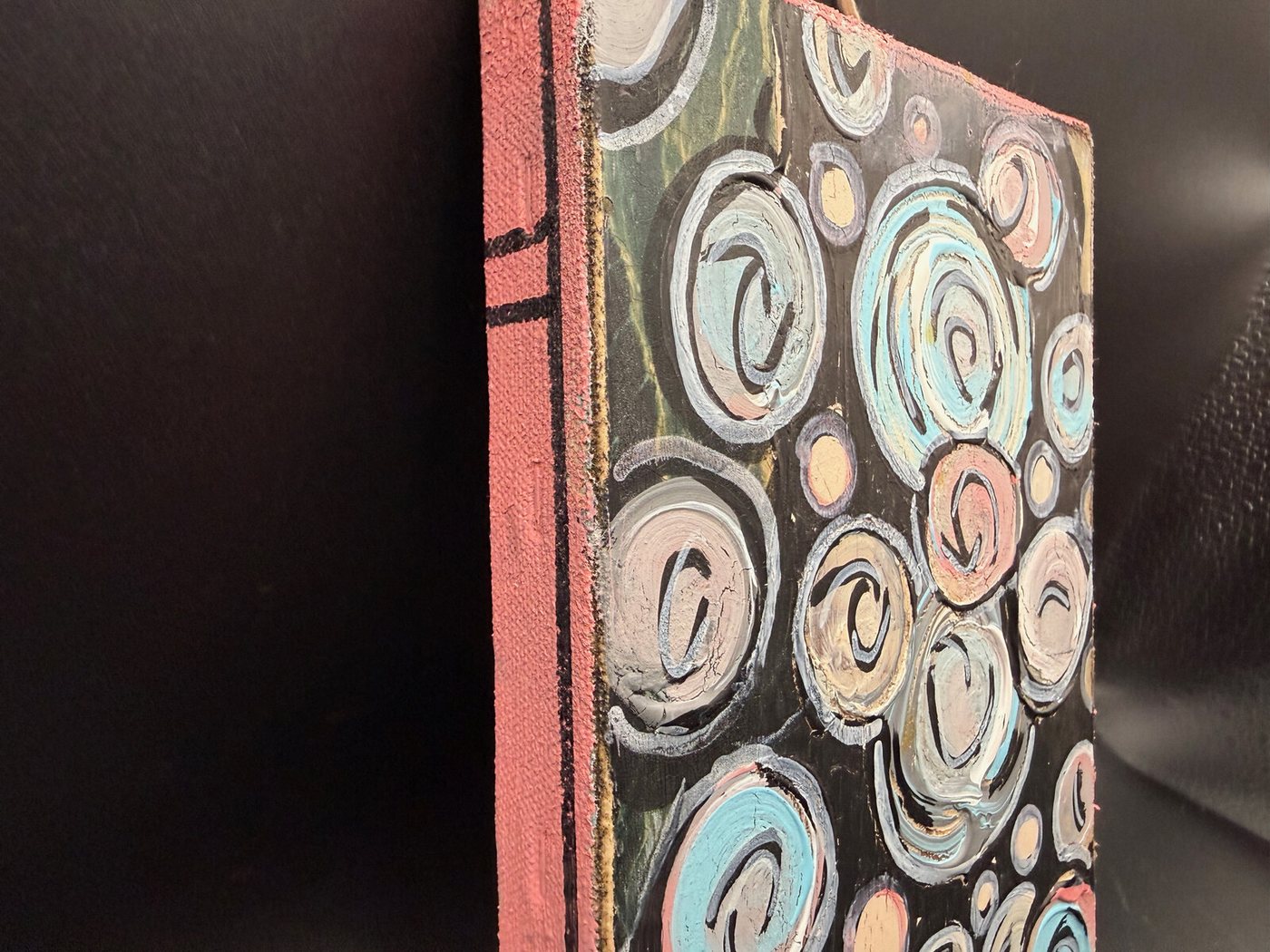Swirls on Black, Painted Panel with a String Hanger