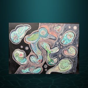 Pink and Teal Forms on Black, Incised Panel