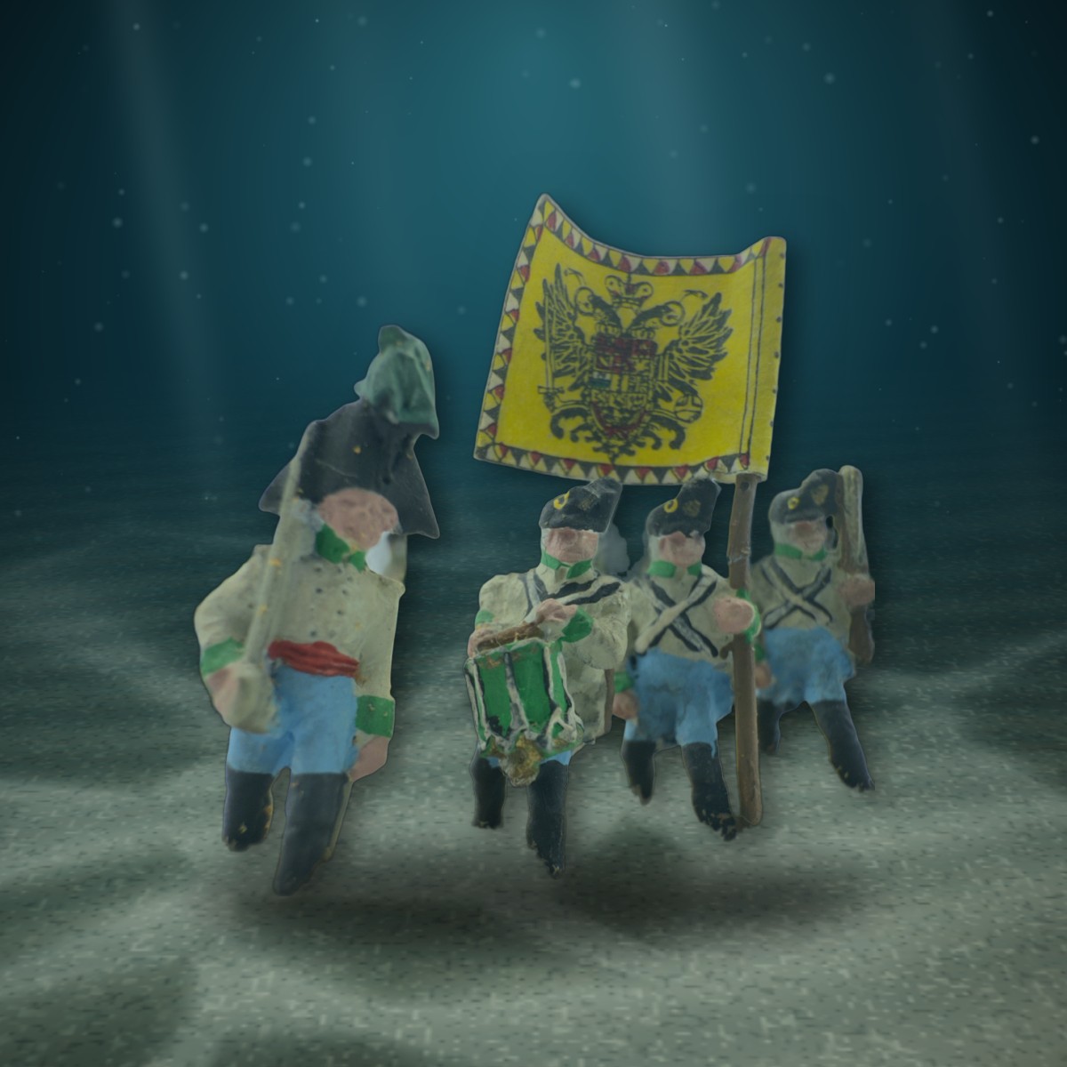 Painted toy soldiers staged in the hold